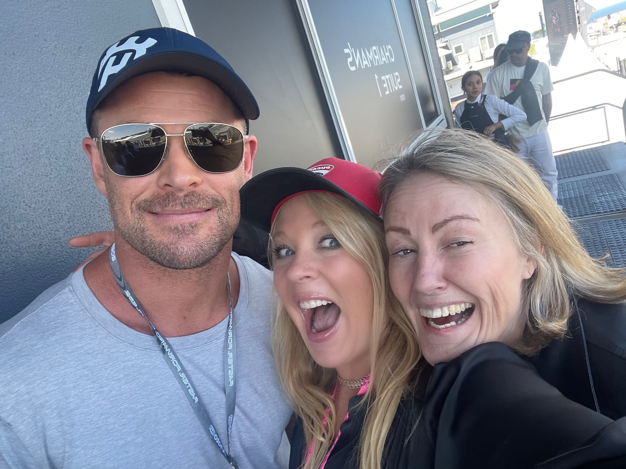 Excitement off the track for Katrina Lawrence (centre) and Bass Coast Mayor Cr Rochelle Halstead when they caught up with Chris Hemsworth at the MotoGP. Photo: Katrina Lawrence.