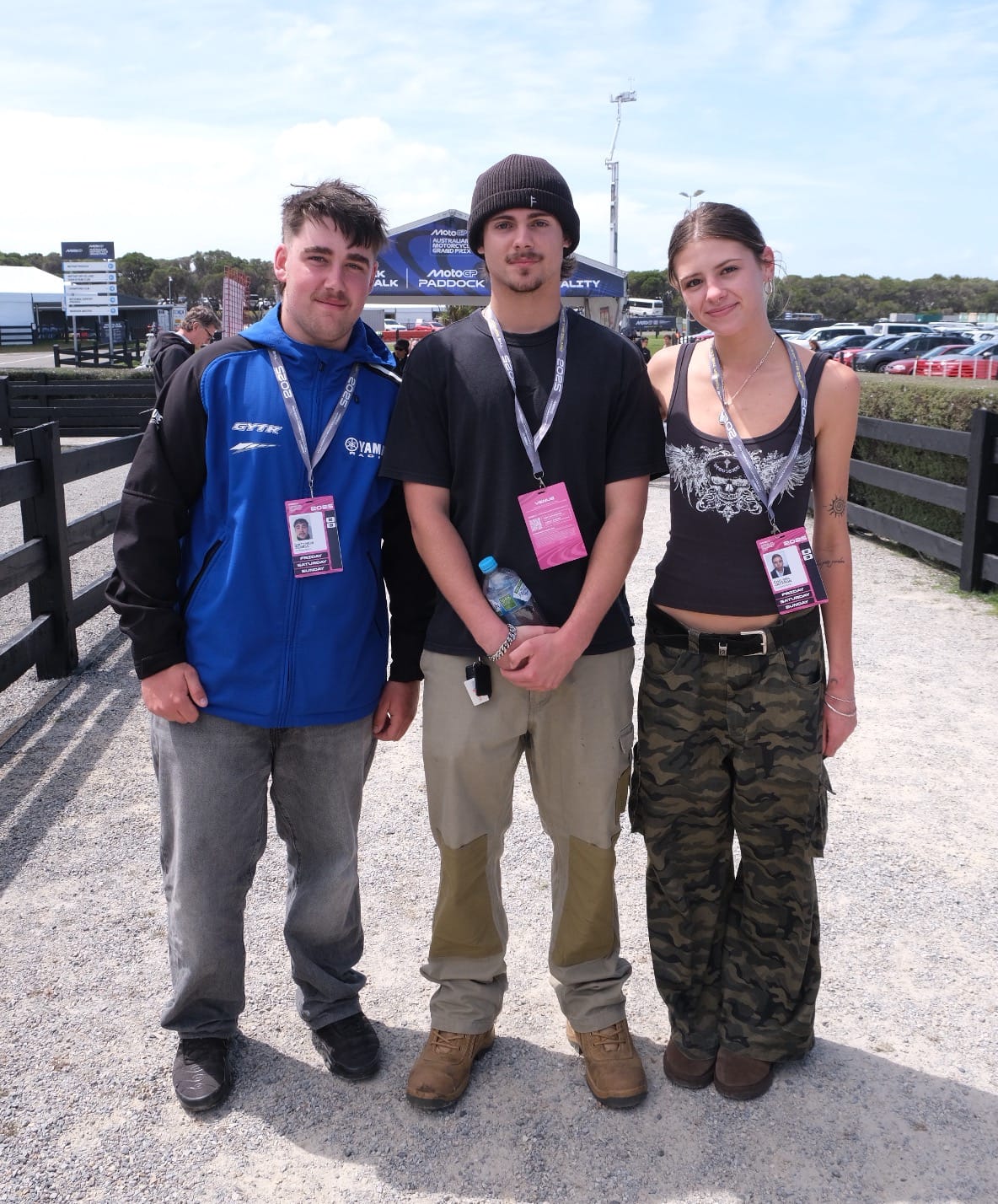 Zac Block, Matthew Innes and Chelsea Jackson worked at the visitor centre at the track during the event. Photo: Nici Cahill, Snapshot Photography.