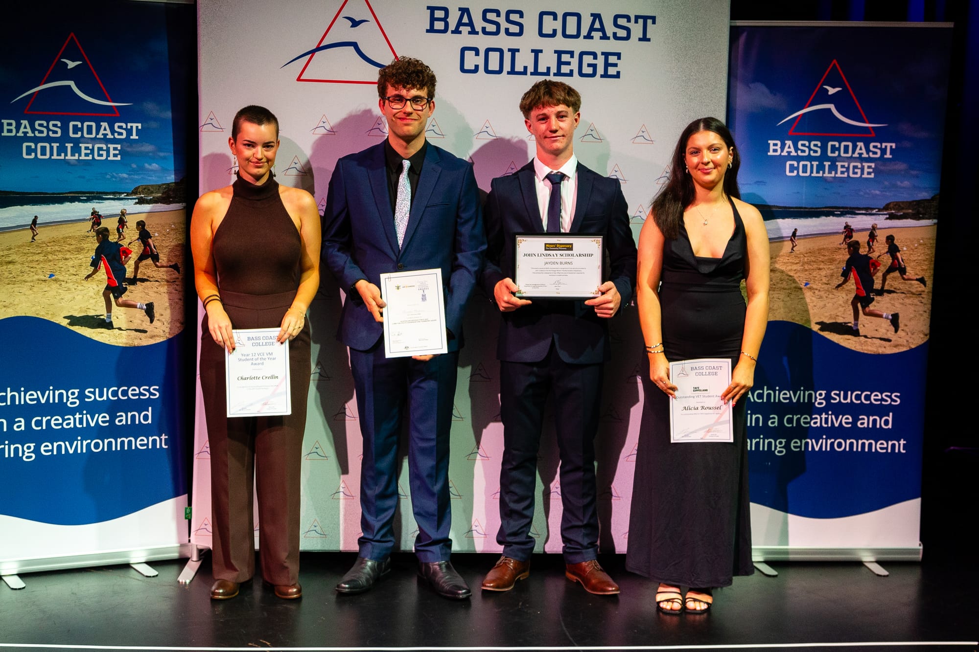 Bass Coast College Year 12 award winners: Charlotte Crellin - VCE VM Student of the Year, Chris Mackenzie - ADF Long Tan Youth Leadership and Teamwork Award, Jayden Burns - Miners Dispensary John Lindsay Memorial Scholarship and Alicia Roussel - TAFE Gippsland VET Award.