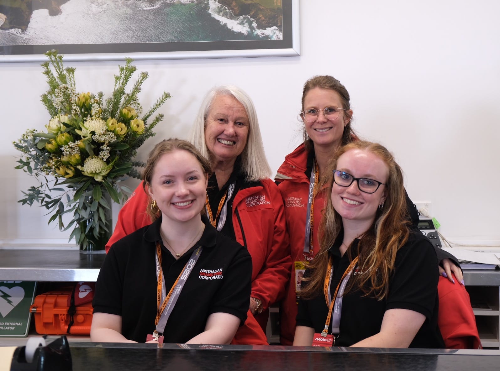 Keeping the media centre at the track running smoothly are (front) Anya Grosky, Brace Kopke, and (back) Pam Lewis, Alison Van Den Dungen. Photo: Nici Cahill, Snapshot Photography.