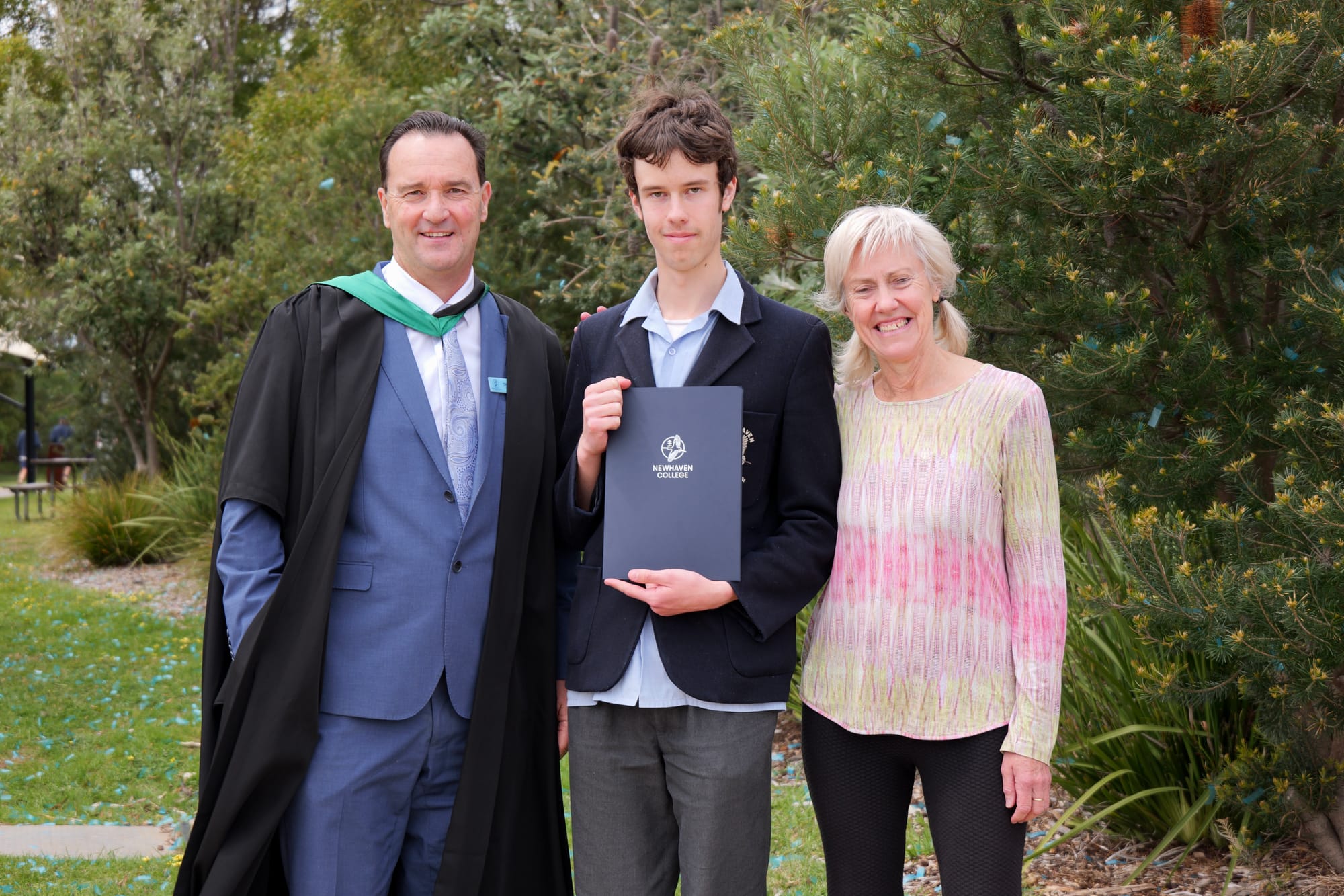 Marley Brown was awarded the Principal's Prize, here with Mr Tony Corr and his mum Fiona Rawson.