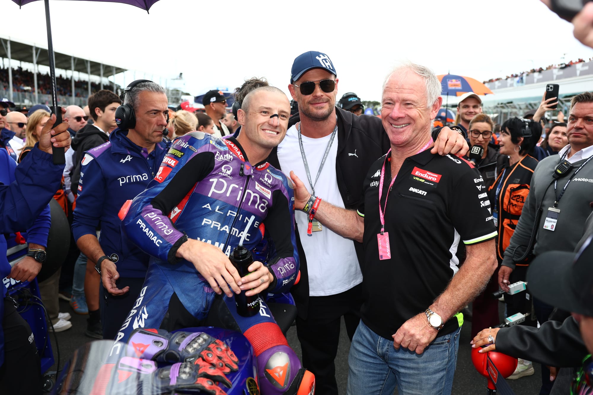 Hemsworth adds to Aussie star power at MotoGP: Phillip Island was buzzing with excitement over the MotoGP weekend, with Chris Hemsworth adding star-power off the track, while Australian riders Senna Agius (Moto2) and Joel Kelso (Moto3) celebrated on the podium. Despite qualifying third for the big race, unfortunately, it wasn’t the year for Australian MotoGP rider Jack Miller, here with Chris and Craig Hemsworth trackside. Photo courtesy of AGPC. 