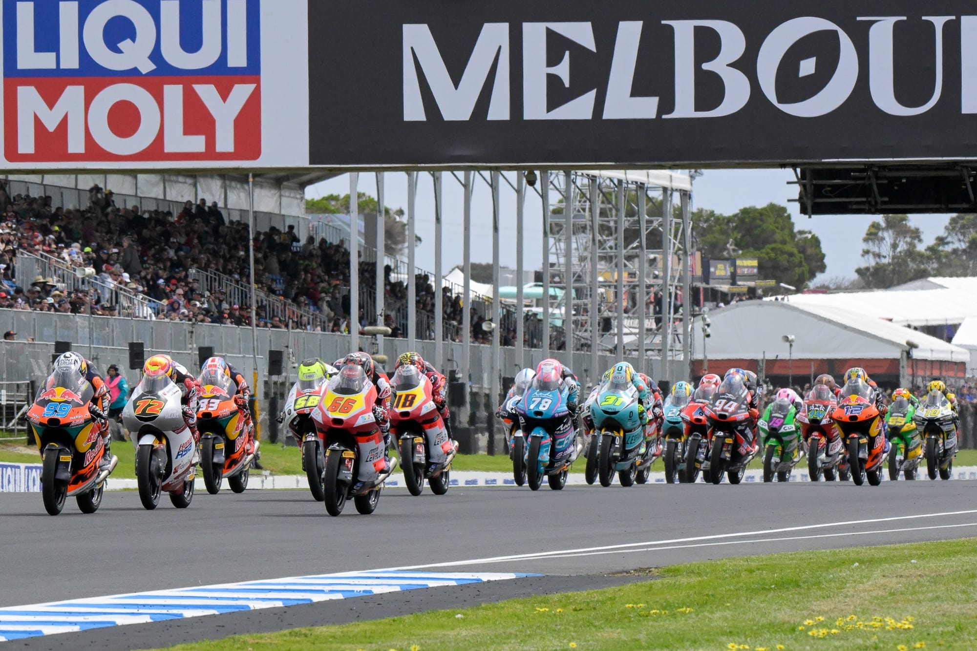 The final Moto3 race begins. Australian Joel Kelso finishing second to Jose Antonio Rueda. Photo: IanR Photography.